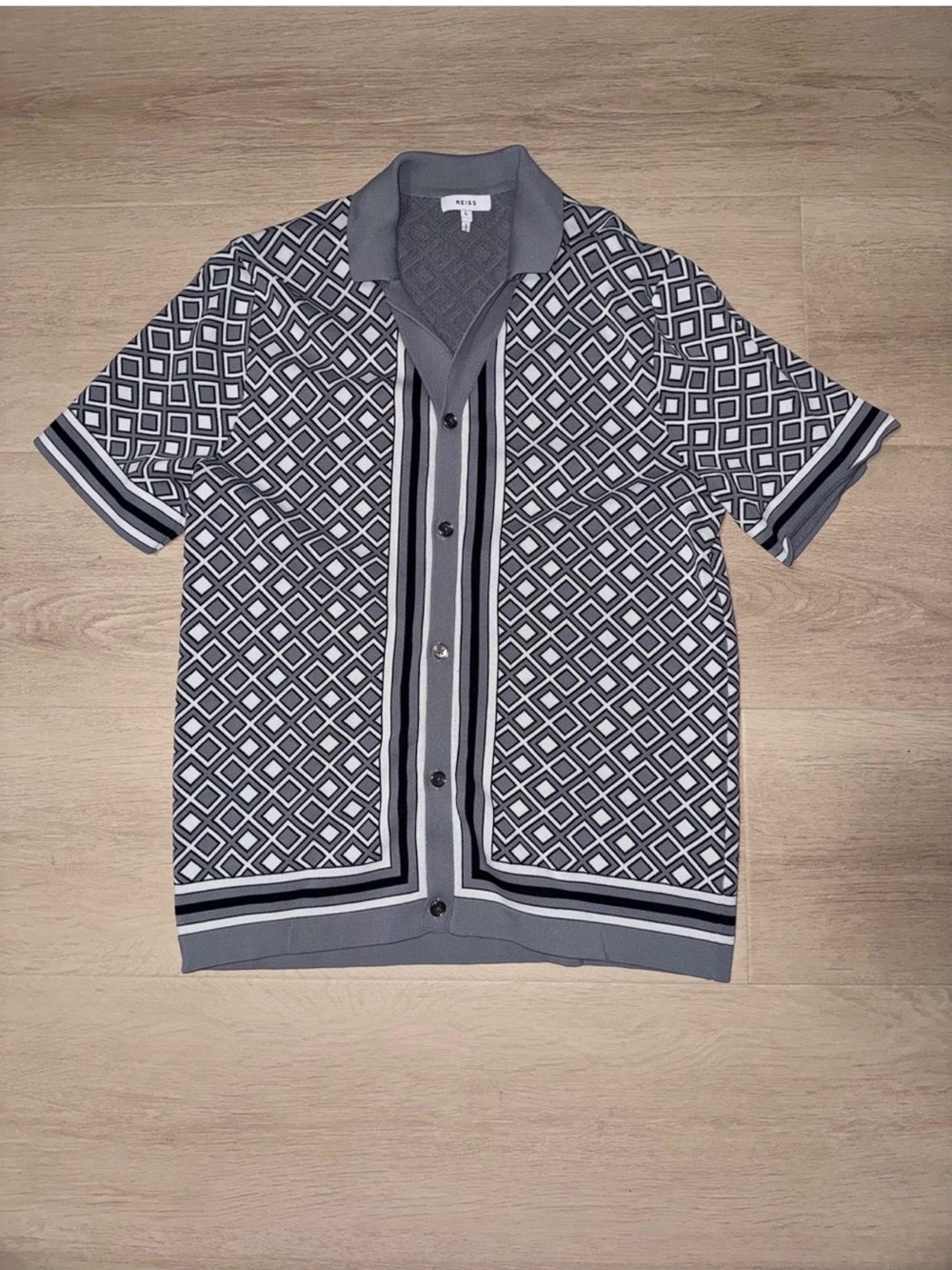 Reiss Gray & White Geometric Short-Sleeve Button-Down Shirt